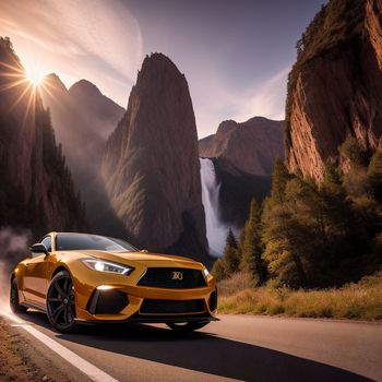 yellow sports car driving down a mountain road with a waterfall in the background at sunset or sunrise time