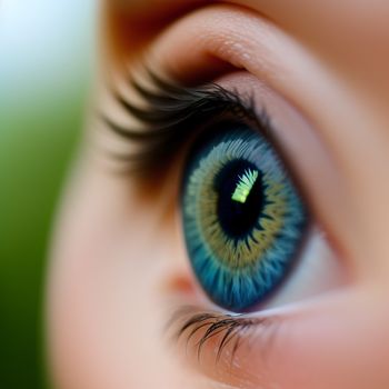 close up of a child's blue eye with a green leaf in the center of the iris