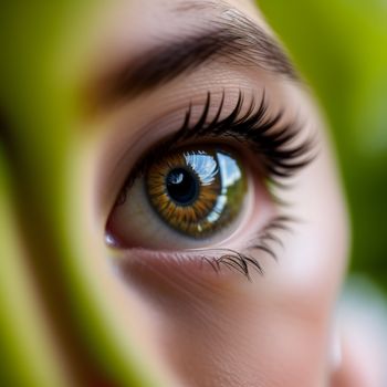 close up of a person's eye with a green plant in the background and a green leaf in the foreground