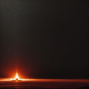 bright orange light shines in the dark sky over a body of water with a lighthouse in the distance