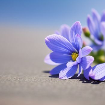 group of purple flowers sitting on top of a sandy beach next to a blue sky and ocean in the background