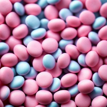 close up of a bunch of candy beans in pink and blue colors with a black background that is blurry
