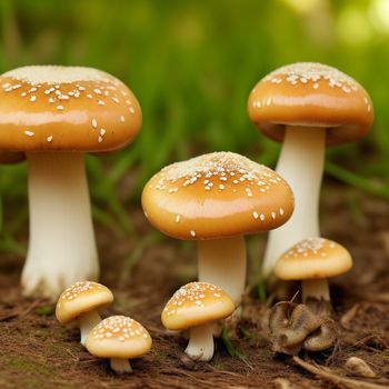 group of mushrooms with white speckles on them in the grass and dirt area of a forest