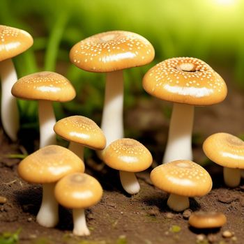 group of mushrooms growing in the dirt near grass and dirt ground with sunlight shining on them and grass and dirt