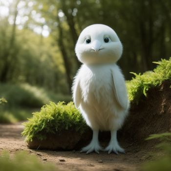 white bird with a big eyes standing on a dirt road in the woods with grass on the ground
