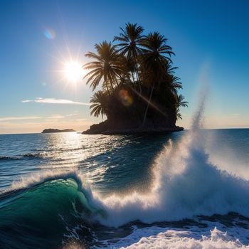 wave crashes in front of a small island with palm trees in the background at sunset or sunrise or sunset