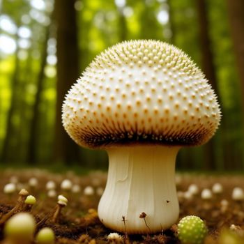 mushroom with a white cap sitting in the middle of a forest filled with mushrooms and other plants and trees