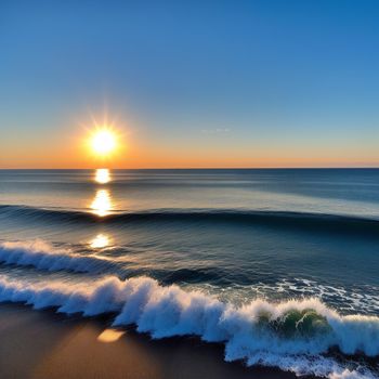 sunset over the ocean with waves crashing on the shore and the sun setting in the distance with a bright orange sun