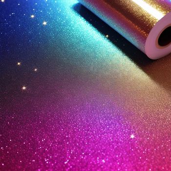 roll of shiny glitter paper on a table top with a star pattern on it and a pink and blue background