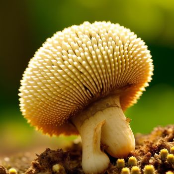 close up of a mushroom on a dirt ground with a blurry background of grass and flowers in the background