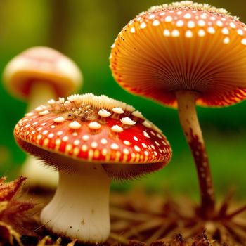 close up of two mushrooms on the ground with grass in the background and a blurry background behind them