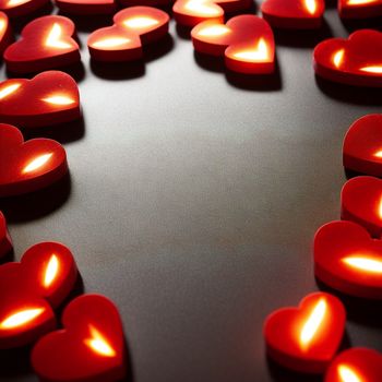 group of red hearts sitting on top of a table next to each other on a table top with a black surface