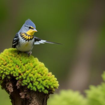 small bird perched on top of a green plant in a forest area with a blurry background of trees