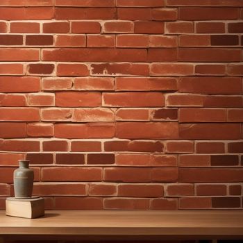 vase sitting on a table in front of a brick wall with a wooden table underneath it and a book on the table