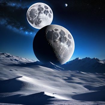 two moon like objects in the sky above a snowy landscape with mountains and stars in the background