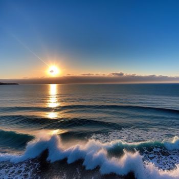 sunset over the ocean with waves crashing in front of it and a small island in the distance with a few clouds