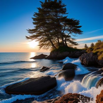 tree is standing on a rocky shore near the ocean at sunset or sunrise or sunset