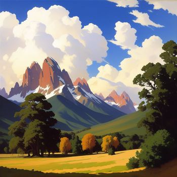 painting of a mountain range with trees and grass in the foreground and clouds in the background