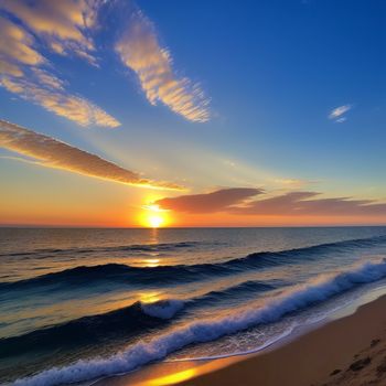 sunset over the ocean with a wave coming in to shore and a person walking on the beach in the distance