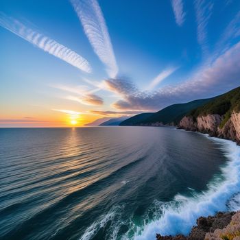 beautiful sunset over the ocean with a wave coming in to shore and a cliff in the background with a cliff face