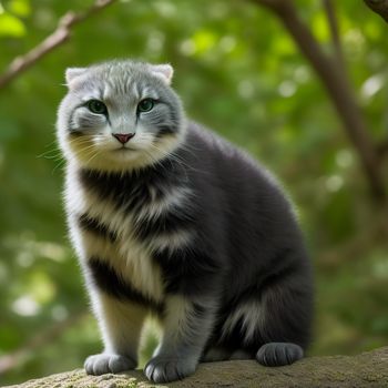 cat sitting on a tree branch with a green background and a blurry background of trees and leaves