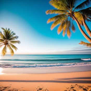 beach with palm trees and a blue ocean in the background with a sun shining through the clouds and a person walking on the sand