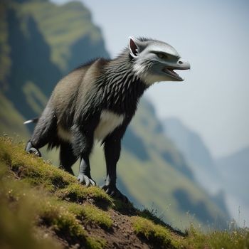 large animal standing on top of a grass covered hill next to a mountain range with a sky background