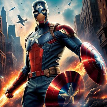 man in a captain america costume standing in front of a city skyline with a plane flying overhead in the sky