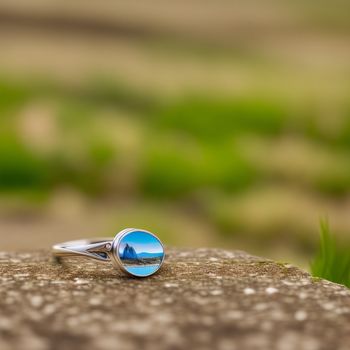 ring with a blue lens sitting on a rock outside in the grass