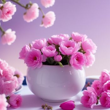 white vase filled with pink flowers on a table next to a purple wall and a purple background with pink flowers