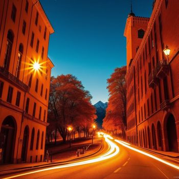 street with a light streaking down the middle of it at night time with buildings and trees in the background