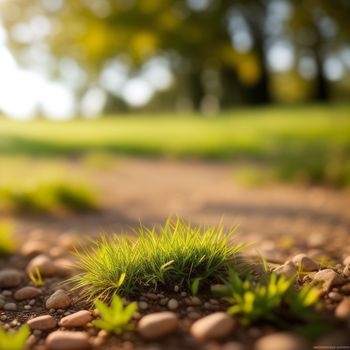 small patch of grass growing out of a gravel road next to a field of grass and rocks with a dirt road in the background