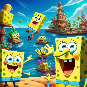 cartoon character with many different faces and body parts in the background of a cartoon scene with a castle and a body of water