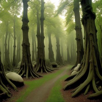 path through a forest with huge trees and moss growing on the ground and on the ground