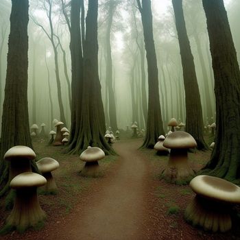 path through a forest with mushrooms growing on the trees and on the ground in the foggy forest