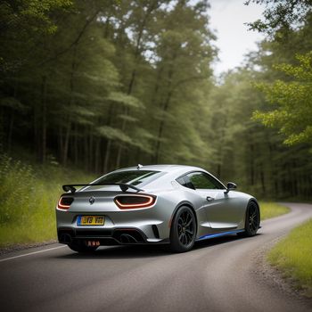 silver sports car driving down a road in the woods with trees in the background and a blue tail light