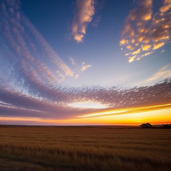 field with a sky filled with clouds and a sunset in the background with a lone horse in the foreground