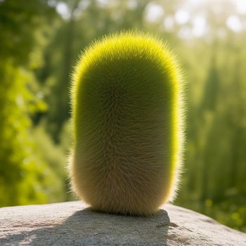 green plant sitting on top of a rock in the sun light of the day with trees in the background