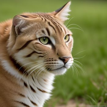 cat with green eyes looking at something in the distance with grass in the background and a blurry background