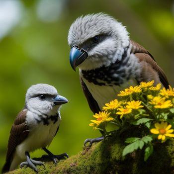 two birds are perched on a mossy surface with flowers in the background and a blurry background of trees