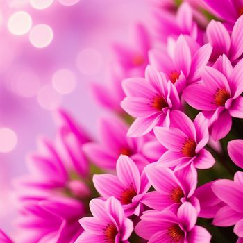 bunch of pink flowers are in a vase on a table with a blurry background of lights and boke