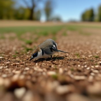 small bird is sitting on the ground in the dirt and grass area of a field with trees in the background