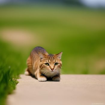 cat is sitting on the ground and looking at the camera with a blurry background of grass and a path