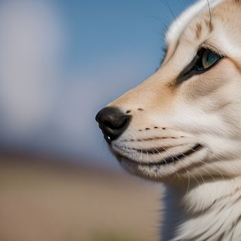 close up of a white dog with blue eyes and a black nose and nose ring