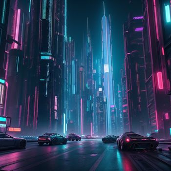 futuristic city with neon lights and cars driving down the street in the middle of the night time