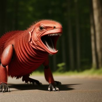 red toy dinosaur with its mouth open and teeth wide open on the ground in front of a forest