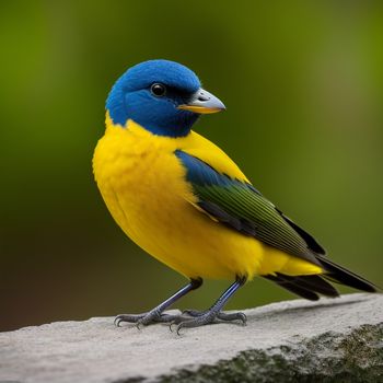 blue and yellow bird sitting on a rock with a green background and a blurry background behind it