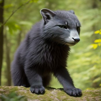 black and white animal standing on a rock in the woods with trees in the background and a green leafy area