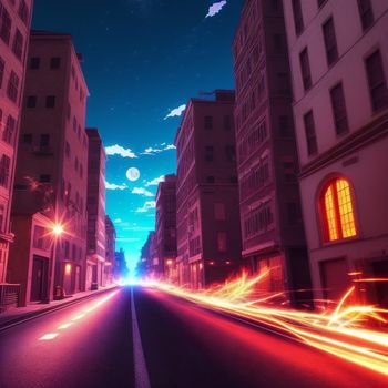 city street with a long exposure of light streaks on the road and buildings in the background at night