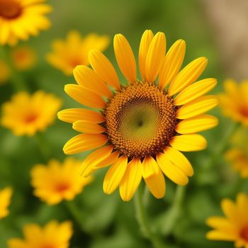 close up of a yellow flower with green leaves in the background and a blurry background behind it